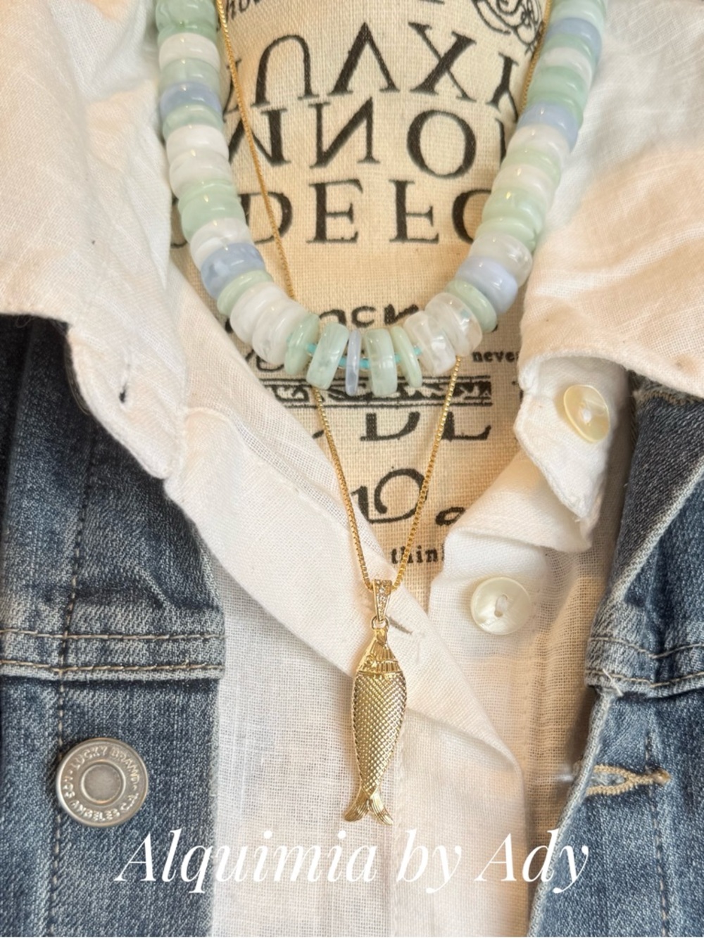 Alquimia Gold Fish Pendant with Mint, Pale Blue and White Beaded Choker